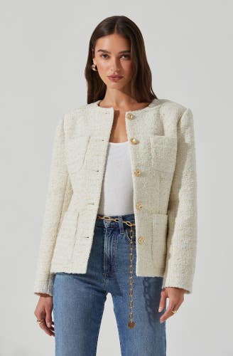 ASTR the Label Sarae Jacket Women's L Cream Tweed Collarless Button Front PAL10