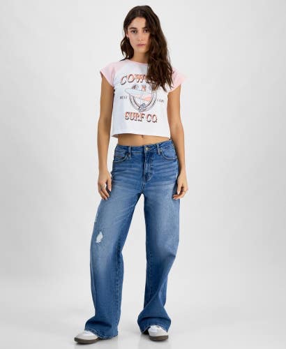 Freeze 24-7 Cowgirl Surf T-Shirt Women XL White Graphic Raglan Sleeve Crop PAL63