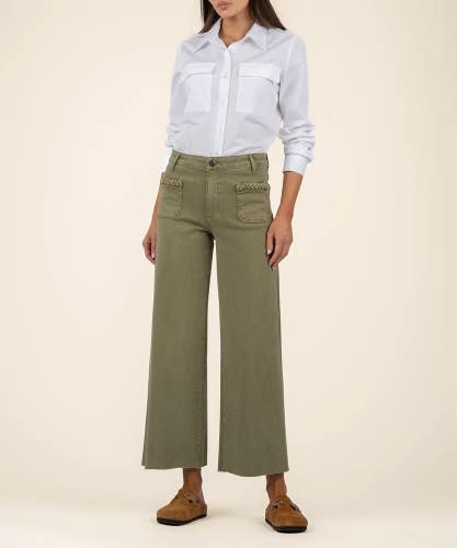 KUT from the Kloth Meg Jeans Women's 12 Olive High Rise Wide Leg Raw Hem JDM2496