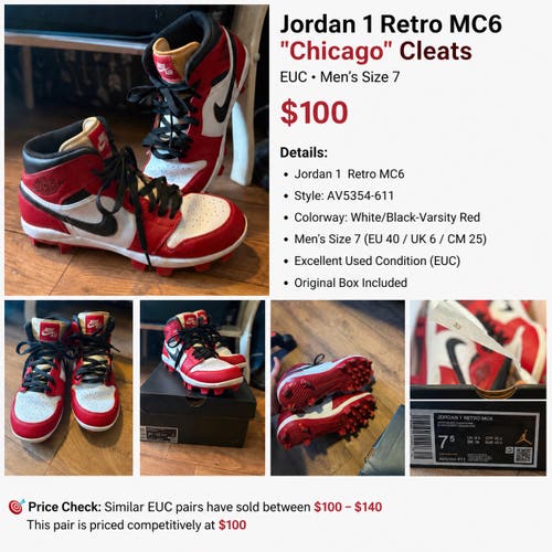 Men's 7Y (Big Kids / Youth) Adult Air Jordan Cleats (Used)