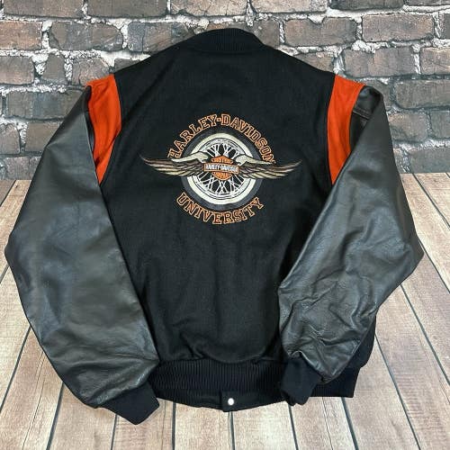 Mens Vintage Harley Davidson University Leather Wool Bomber Jacket Black Size XL