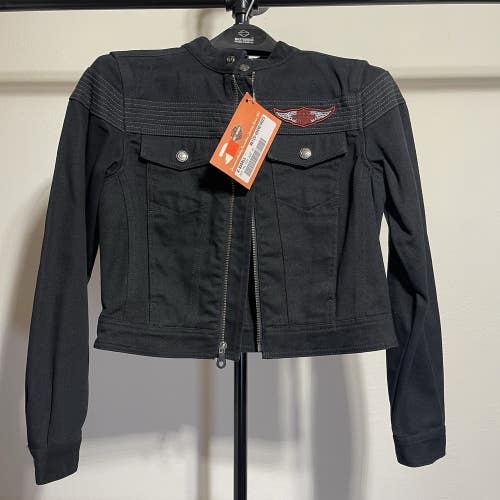 Vintage Harley Davidson Women's Winged Embroidered Denim Zip Moto Jacket Sz XS