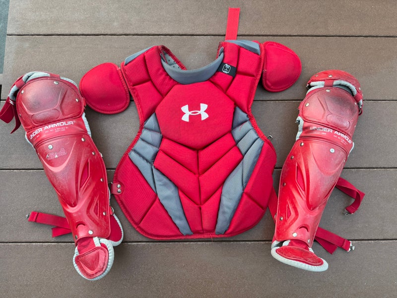 Under Armour Victory Series Catcher's Set (Used) Junior Leg Guards and Adult Chest Protector - Red
