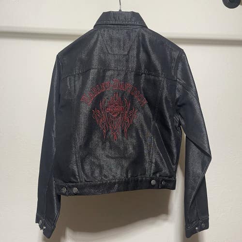Womens Harley Davidson Iridescent Black Denim Embroidered Jacket Size Small NWT