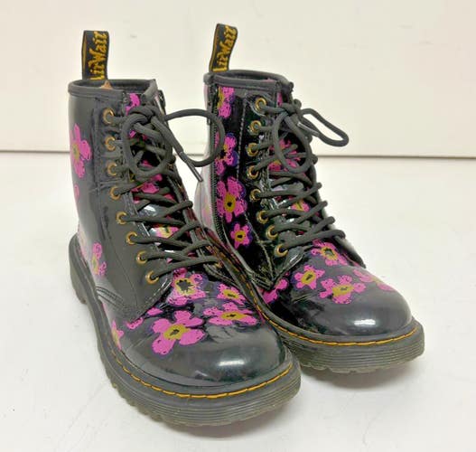 Dr Martens 1460 Black Patent Leather Pansy Print Side Zip Girls Boots US 3 EU 34
