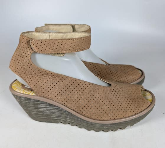 Fly London Yala Tan Perforated Wedge Sandals Peep Toe Ankle Strap Shoes 41 / 10