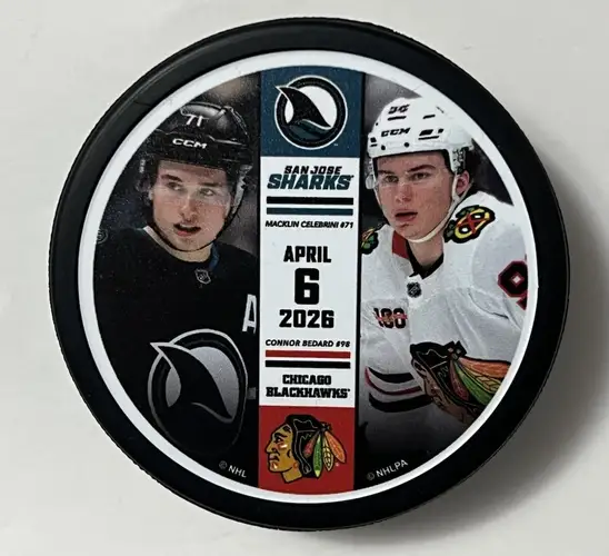 San Jose Sharks MACKLIN CELEBRINI vs CONNOR BEDARD Chicago Blackhawks Game day puck
