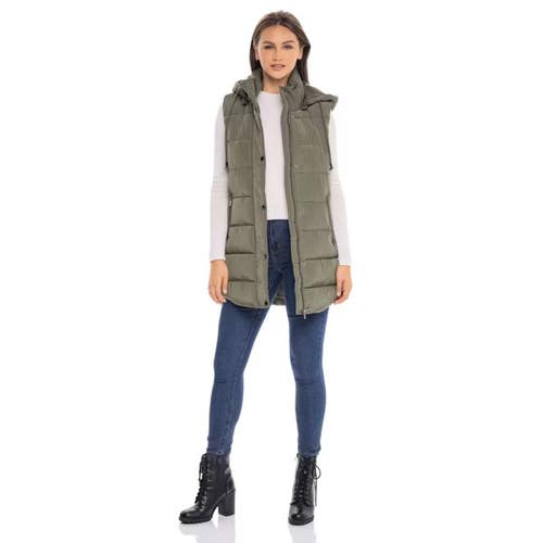 Women's Long Puffer Vest with Hood - S.E.B. By SEBBY Olive Small