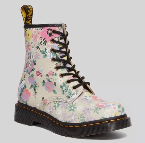 Size 13 - DR. MARTENS 1460 J FLORAL MASH UP LEATHER LACE UP BOOTS PARCHMENT BEIG