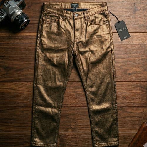 NWT Forever 21 Men's Metallic Bronze Copper Slim Fit Jeans Size 30 Rockstar Rave