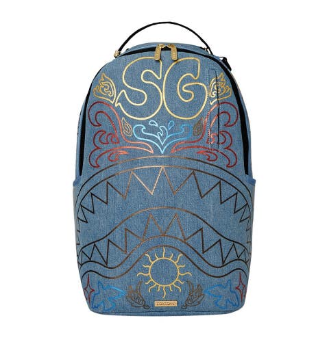 Sprayground Metallic Printed Denim Shark DLXSV Bag Unisex Blue Backpack FLBP021