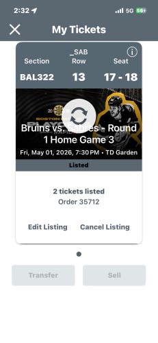 2 Bruins vs Sabers Tickets, May 1, 2026. Game 6 @TD Garden. Balc 322 row 13 225$ each