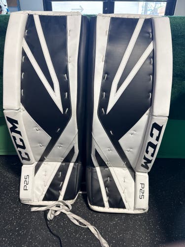 White & Black Senior CCM Premier P2.5 Goalie Leg Pads (New) | 33" +1"