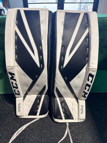 White & Black Senior CCM Premier P2.5 Goalie Leg Pads (New) | 34” +1"