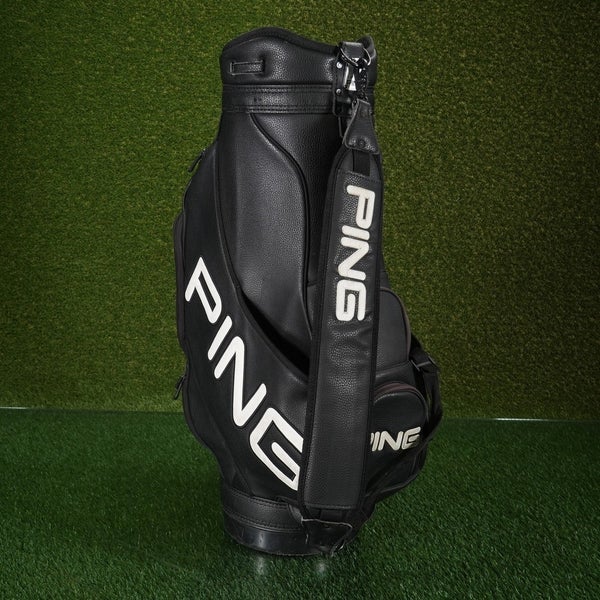 PING 9 TOP STAFF BAG 6 WAY DIVIDERS GOLF BAG, BLACK / WHITE, W/ HOOD ~ VINTAGE!
