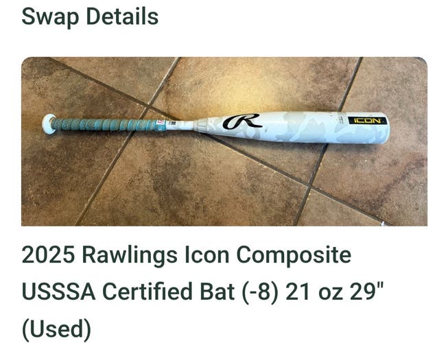 2025 Rawlings Icon Composite USSSA Certified Bat (-8) 21 oz 29" (Used)