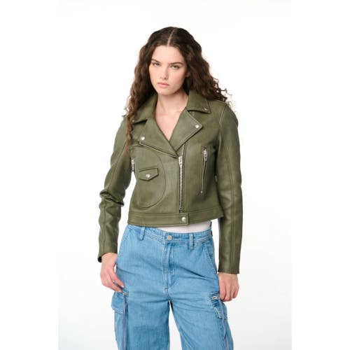 Blank NYC Moto Jacket Women's M Green Vegan Leather Asymmetrical Zip Crop NLW384