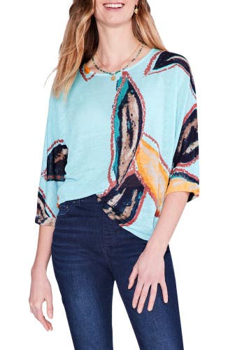 NIC+ZOE Grove Sweater Women Medium Aqua Printed Linen Blend Dolman Sleeve NLW188