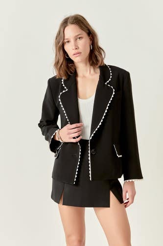 English Factory Blazer Women Medium Black Rickrack Edge One-Button Jacket FLW209