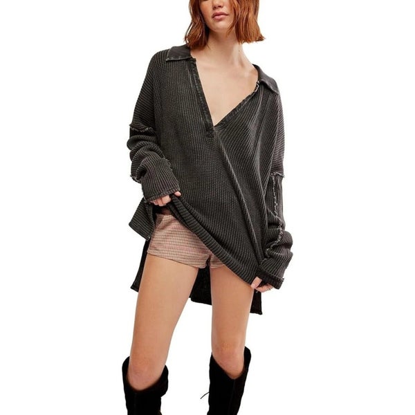 Free People Travis Polo Sweater Women's Small Black Waffle Knit Oversized FLW203