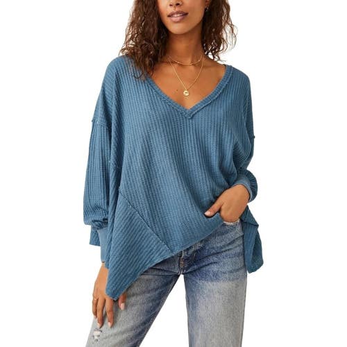 Free People Coraline Thermal Sweater Womens Small Legion Blue Waffle-Knit FLW212