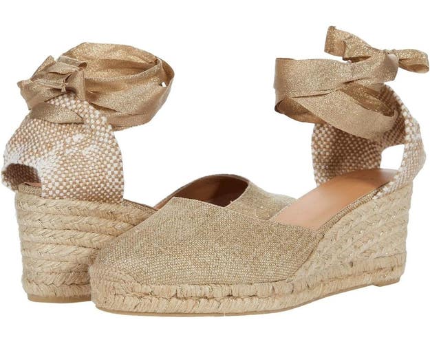 Castaner Carina Sandals Womens US 10 M Gold Tie Wrap Wedge Heel Espadrille RG252
