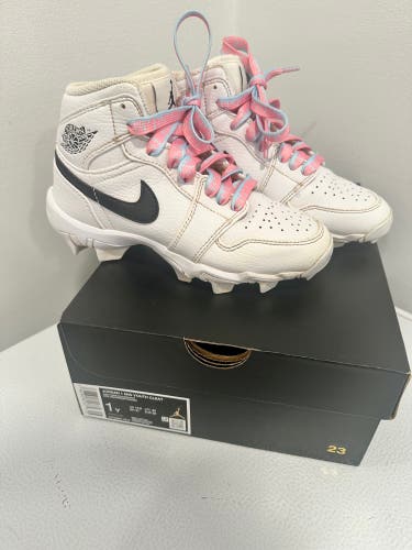White Nike Jordan 1 Mid Youth Cleats (Used) w/ Custom Ice cream drip laces