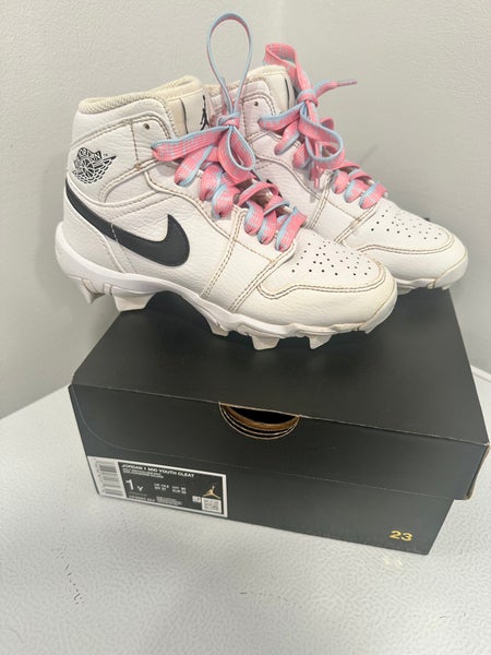 1Y White Nike Jordan 1 Mid Youth Cleats (Used) w/ Custom Ice cream drip laces
