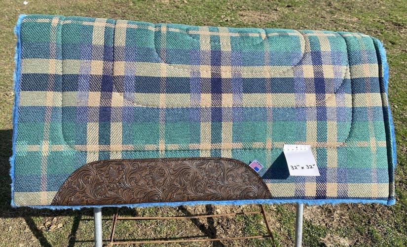 Circle R Plaid 32" X 32" Western saddle pad w/tooled wear leathers US made