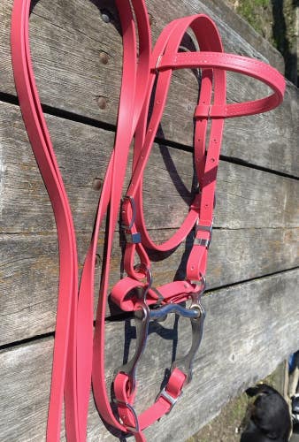 Bright pink biothane horse size Western bridle Amish made USA