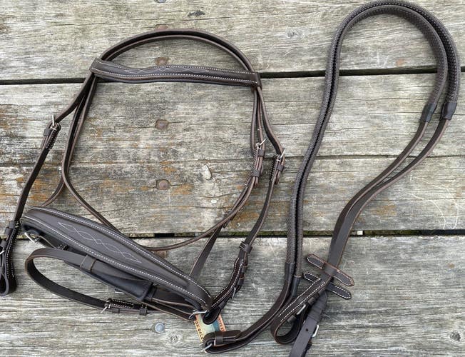 Padded  English dressage style bridle w/crank noseband Havana brown full horse