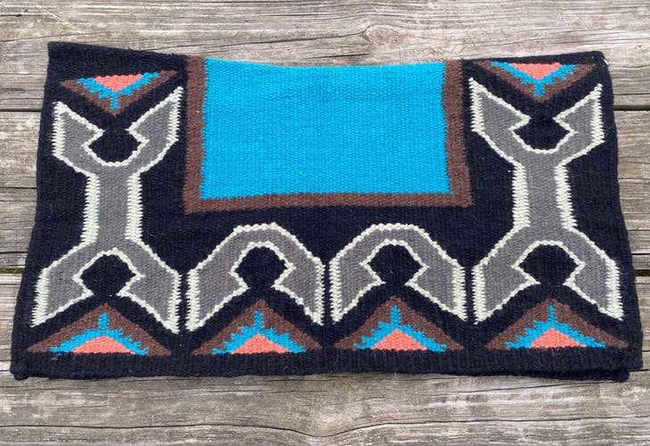 Weaver turquoise, black, coral contour wool show saddle blanket 33 X 38