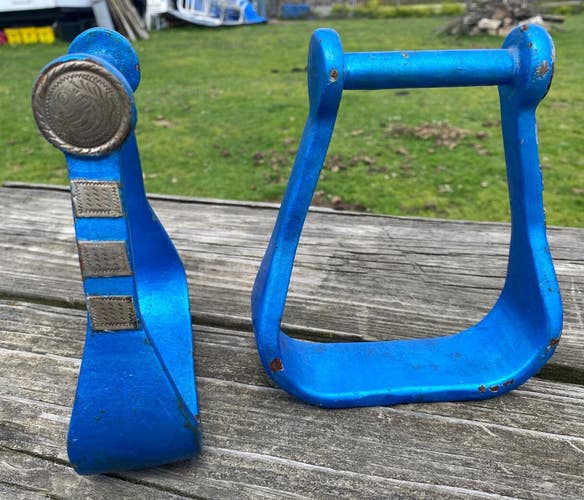 Used steel Western stirrups blue with German silver accents
