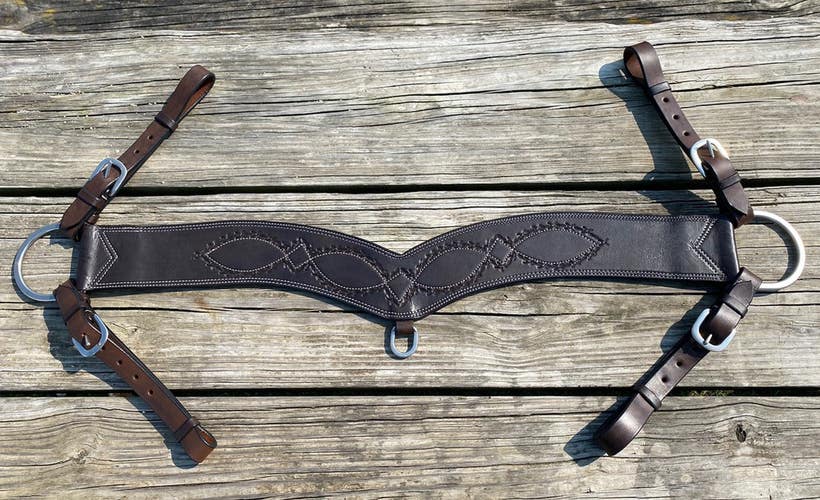 US made Western tripping breast collar dark oil leather w/barbed wire tooling