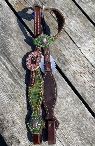 Used Silver C custom Western  headstall US made green overlay w/orange crystals