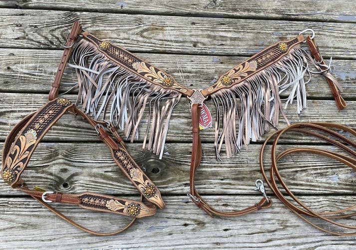Gold fringed Western headstall/breastcollar set w/copper spots, floral tooling