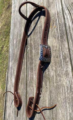 Amish made 1" barb wire tooled brown Western headstall w/Watt square buckle