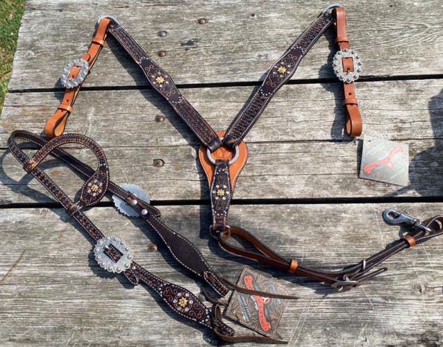 Circle Y Marlene McRae crystal flower Western headstall & breast collar tack set