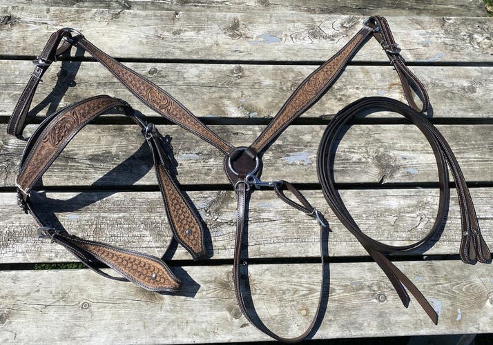 Two-tone brn basket tooled Western headstall/breastcollar set w/copper rosettes