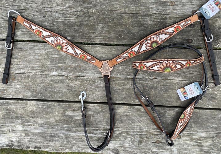 Tough 1 white/brown coral flower Western headstall/breast collar set