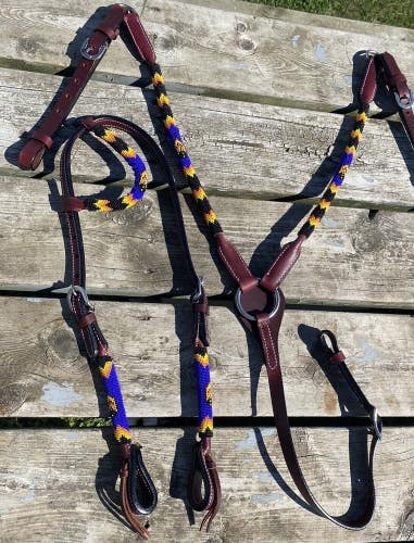 Blue/yellow/orange beaded & rolled leather Western headstall/breast collar set