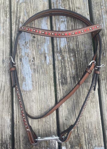 Riata brown leather Western browband headstall w/red crystals, silver spots