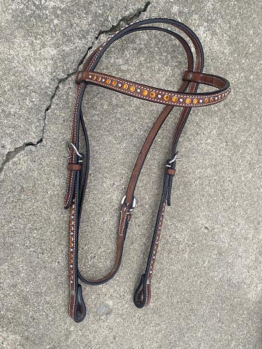 Riata brown leather Western browband headstall w/orange crystals, silver spots