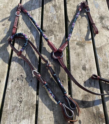 Pink/black/blue beaded & rolled leather Western headstall/breast collar set