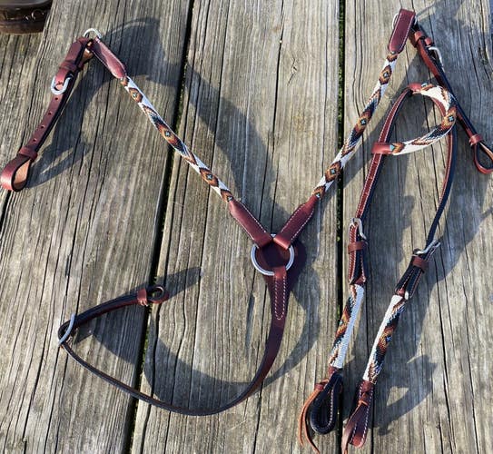 White/tan/rust/blue beaded & rolled leather Western headstall/breast collar set