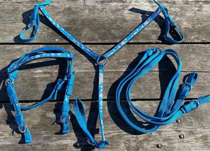 Pony size nylon headstall/breast collar sets w/floral overlay assorted colors