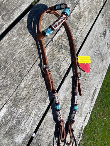 Burgundy, white, turquoise beaded brown leather one ear Western headstall