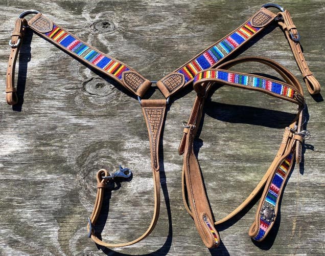 Colorful serape inlaid  Western headstall/breast collar set