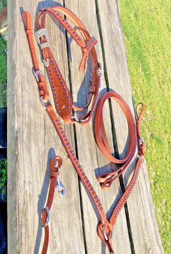 Western headstall/breast collar set w/red & blue crystals