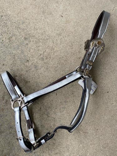 Congress Leather metallic silver Western show halter w/Alpaca silver horse size